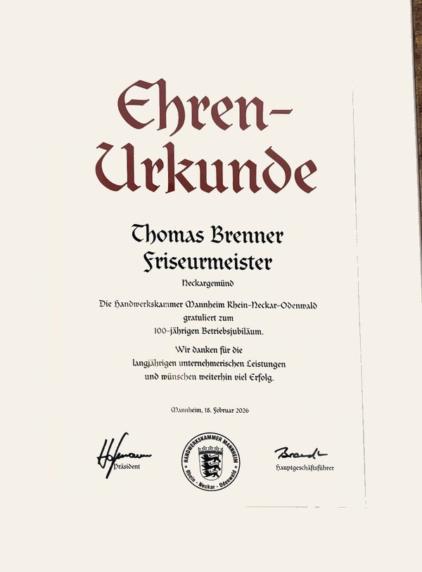 Ehrenurkunde zum 100-jährigen Jubiläum
